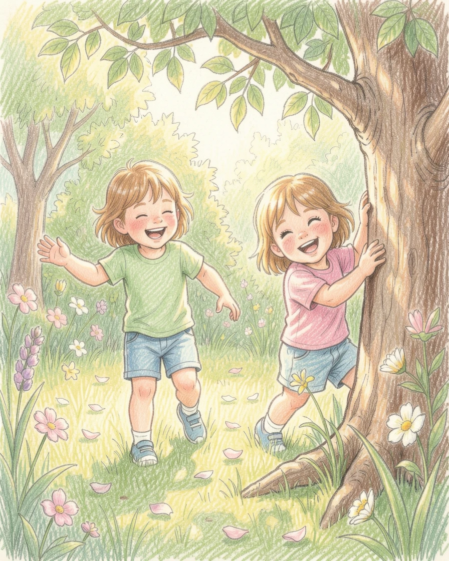 Children playing hide and seek in a sunlit garden, full of genuine laughter and playful energy, full of tenderness, love, and quiet happiness.