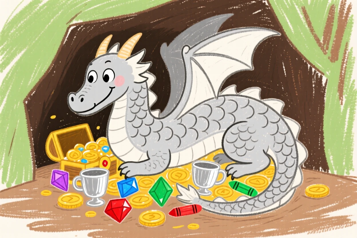 A silver dragon curling protectively around a hidden treasure hoard.