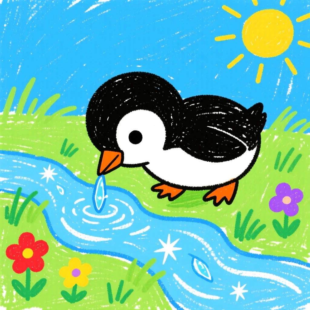 A tiny penguin chick drinking from a small crystal-clear stream.