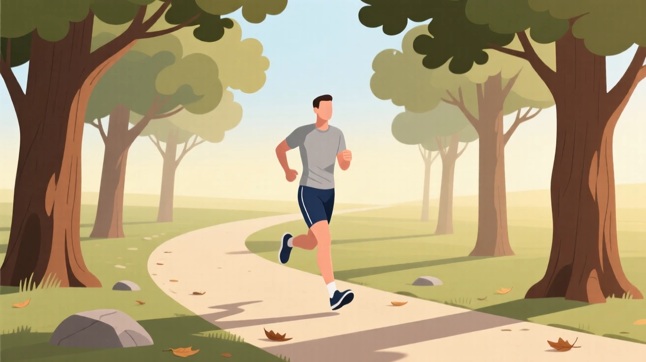 A morning jogger running along a path lined with tall oaks in the early light.