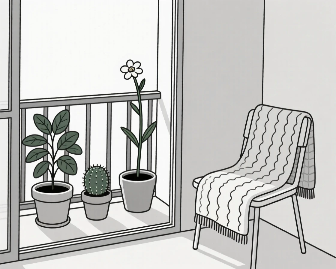 A tidy balcony garden arranged near a knitted throw in a minimalist studio, expressing gentle routine.