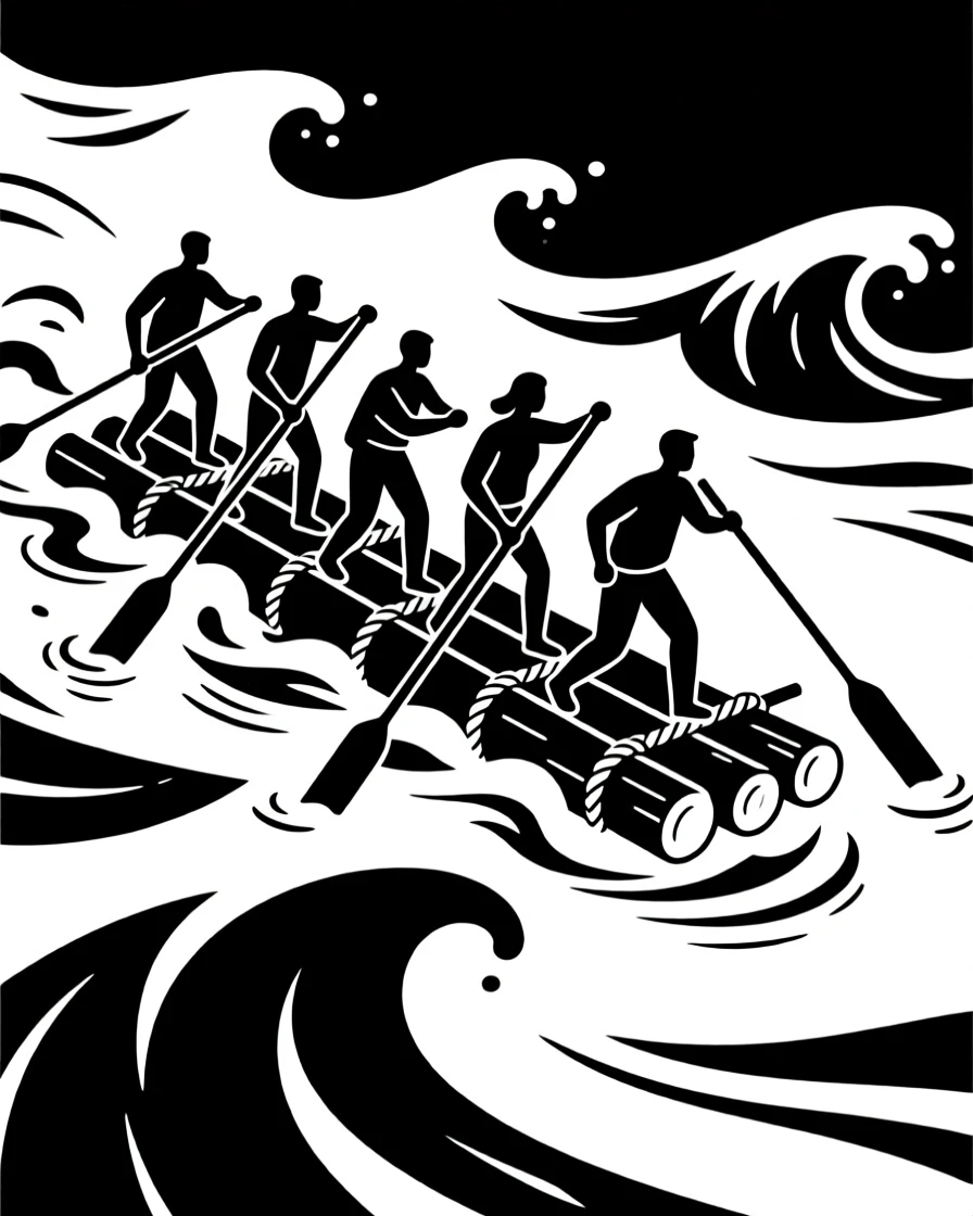 A team crossing a raging river using a makeshift raft.