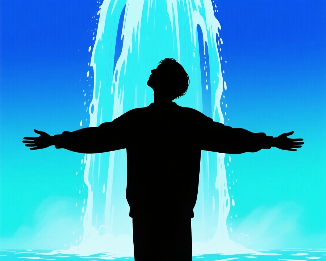 A person standing beneath a waterfall with arms outstretched, eyes closed.