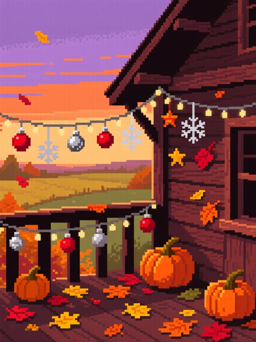 A rooftop balcony decorated for the holidays with tiny ornaments, in a countryside cottage during autumn.