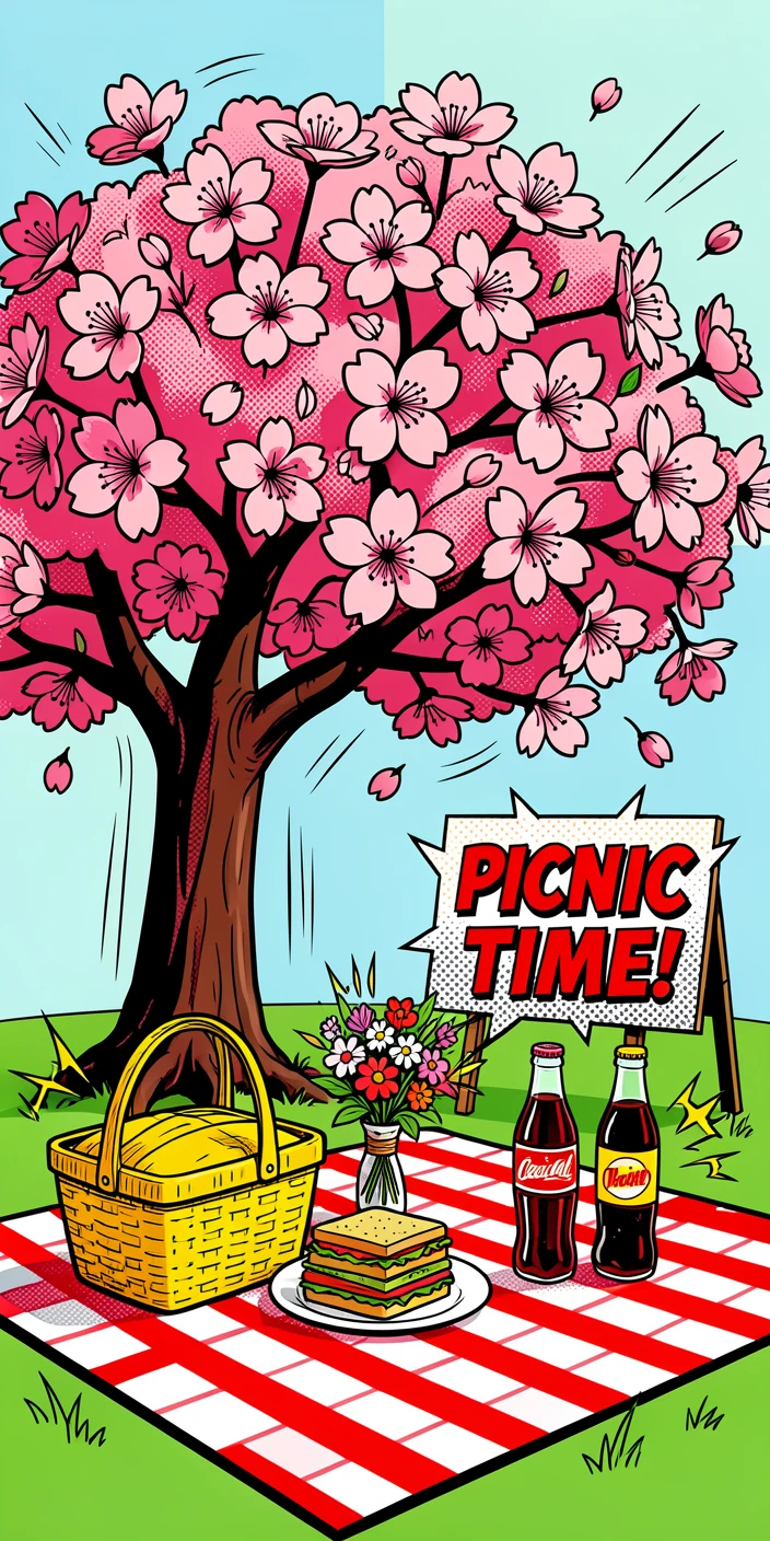 A picnic for two set up under a blossoming cherry tree