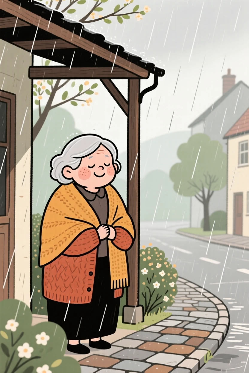 Soft rain falls over a quiet village street as a elderly woman watches from beneath a porch awning, wrapped warmly against the spring air.