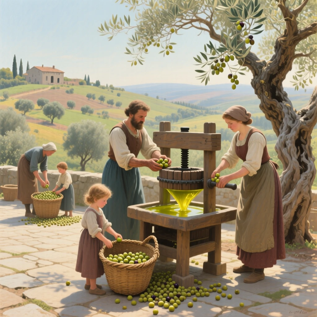 A medium shot of a family harvesting olives and pressing them into fresh oil, in bright warm sunshine, in late spring.