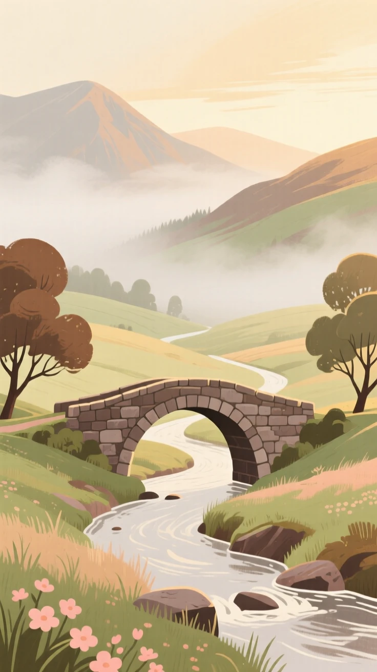 A misty highland valley with a single stone bridge crossing a stream