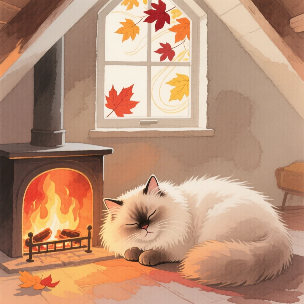 A Persian kitten dozes beside a warm hearth in a cozy attic window, as autumn leaves swirl around