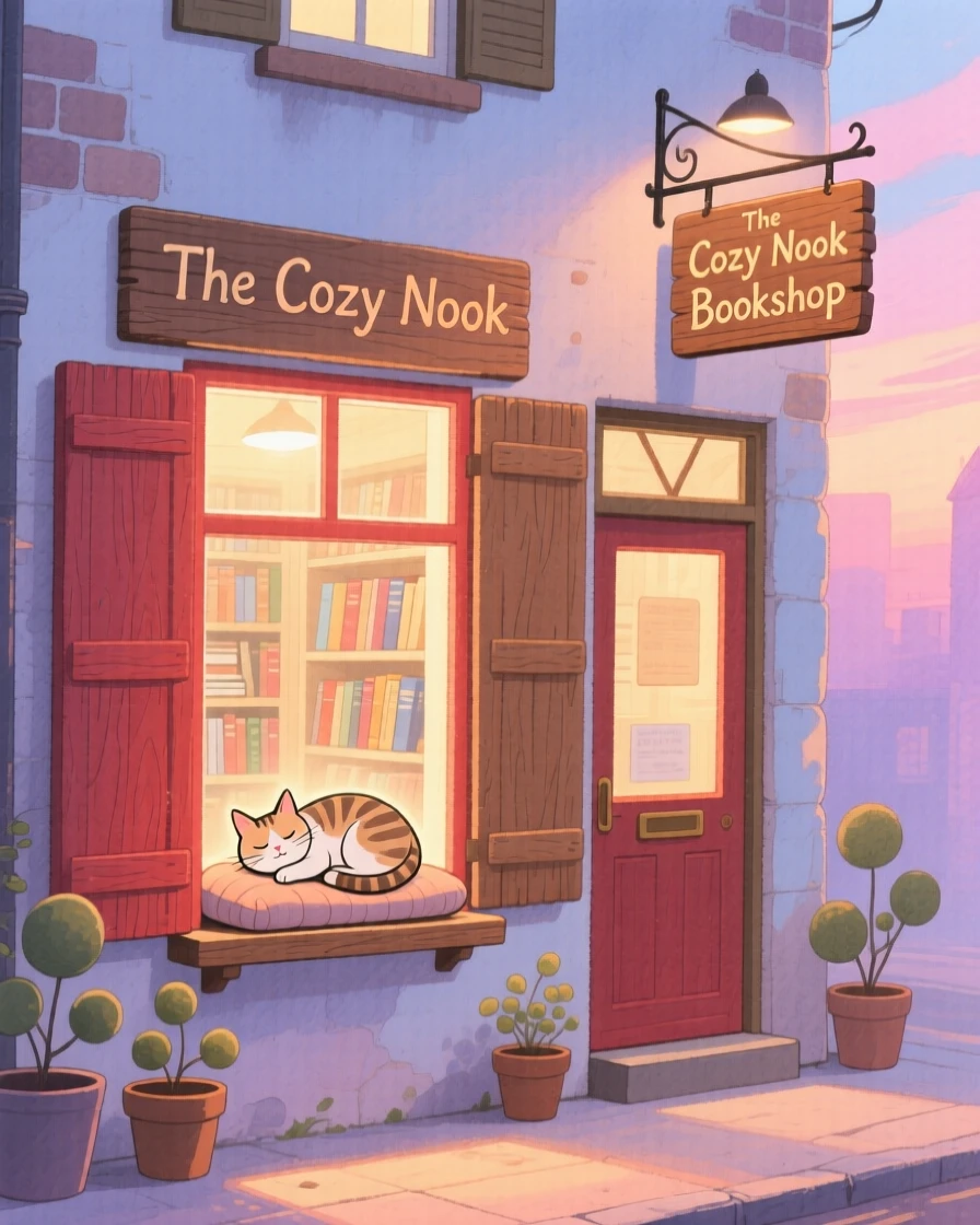 A small bookshop with a sleeping cat in the window, glowing softly as evening falls.