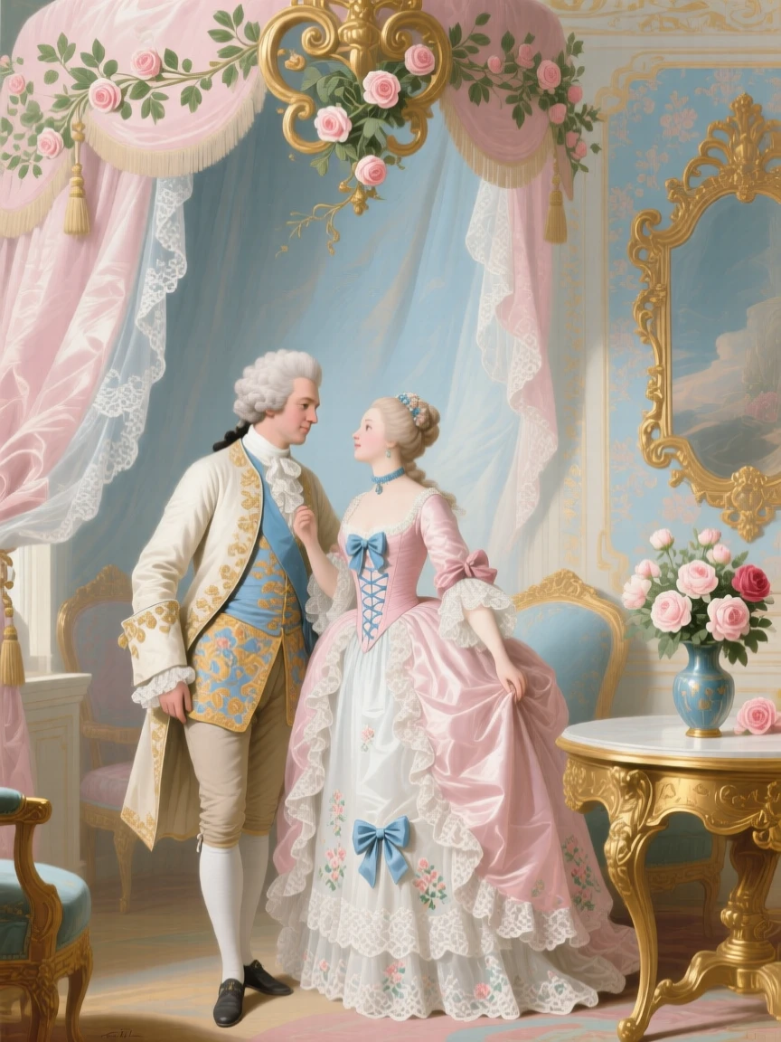 A royal couple posed together beneath a carved canopy in their private chamber  