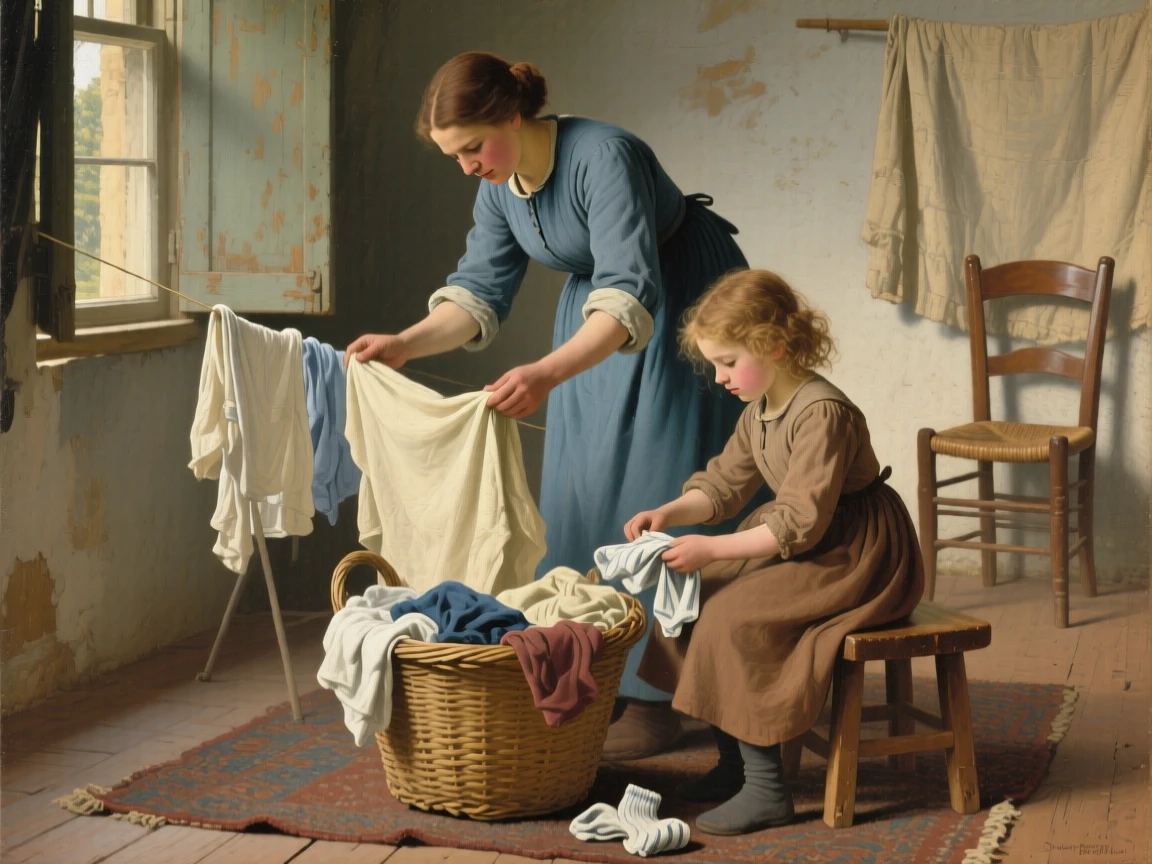 A young girl helping her mother fold laundry on a Sunday afternoon, captured in a candid, unposed moment of togetherness, offering a heartwarming glimpse into ordinary, meaningful moments