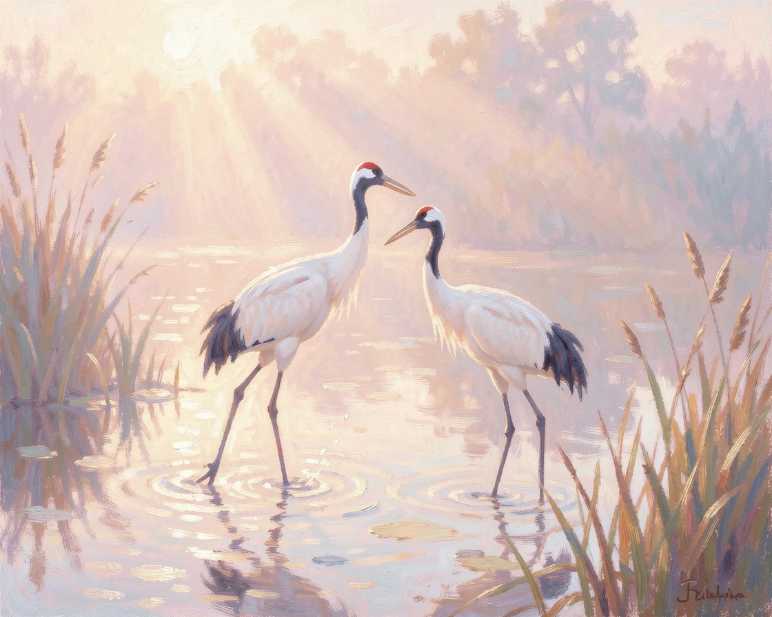 A pair of cranes performing an elegant courtship dance in a misty wetland at dawn.