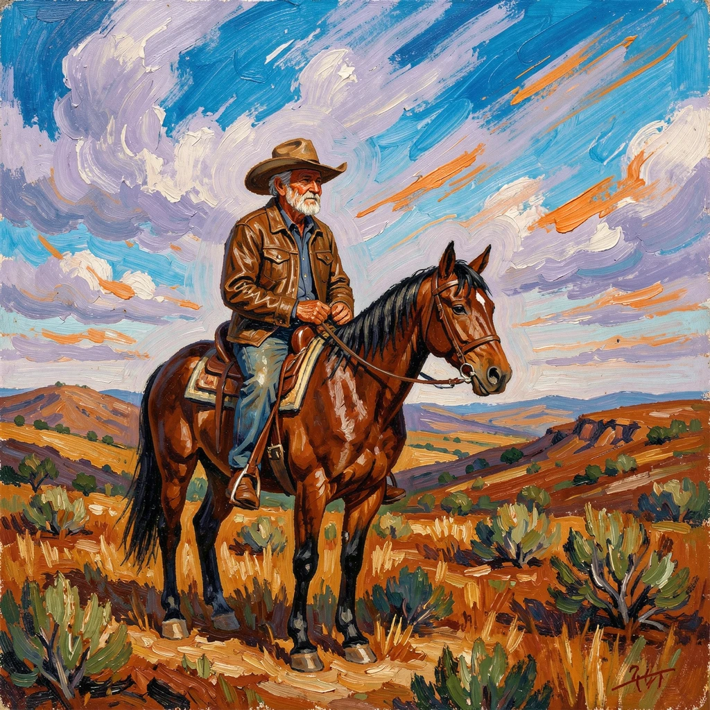 A weathered rancher on horseback surveying his land beneath a wide open sky.