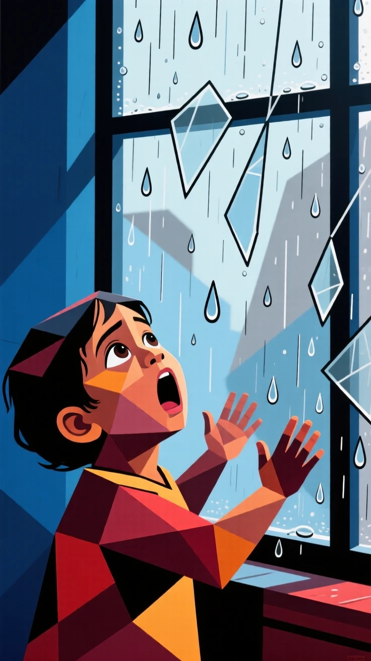 A candid medium shot of a toddler of Indian heritage gasping in wonder, beside a rain-streaked window.