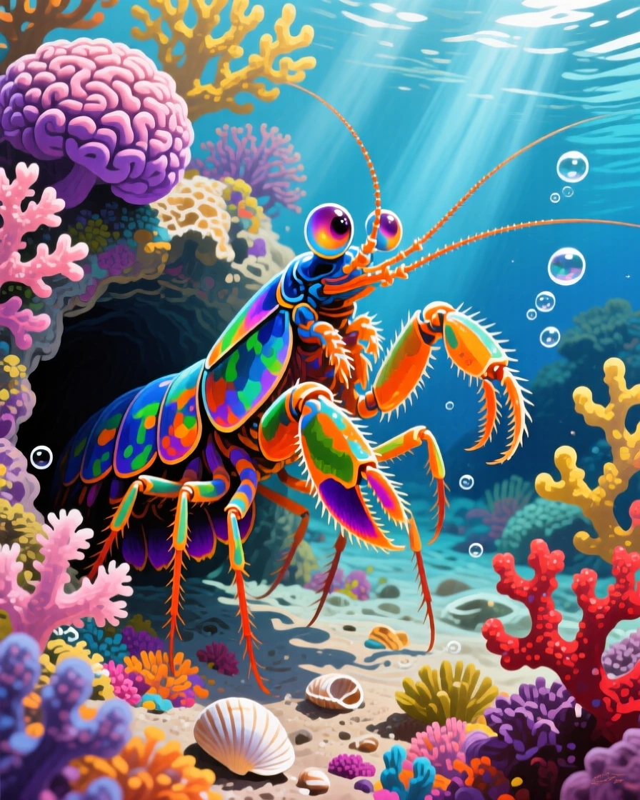 A colorful mantis shrimp emerges from its burrow in a coral reef, its club-like appendages ready to strike with astonishing speed, small details in its fur or feathers catching the light with remarkable clarity.