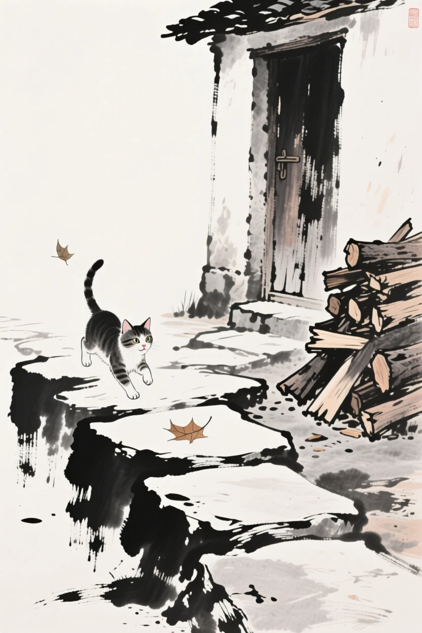 A kitten chases a falling leaf across a stone path, near a stack of firewood by a cottage door.
