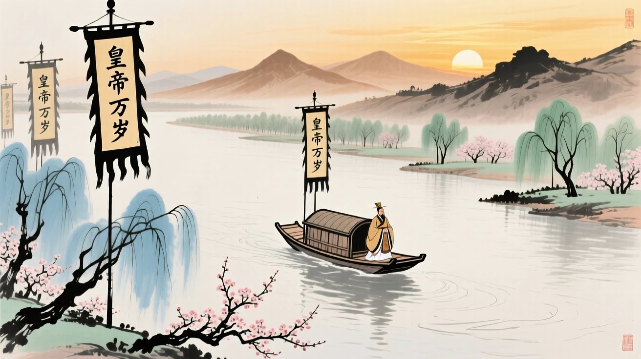An emperor's barge gliding slowly down a wide river flanked by banners, in early spring, as the sun sets behind distant peaks.