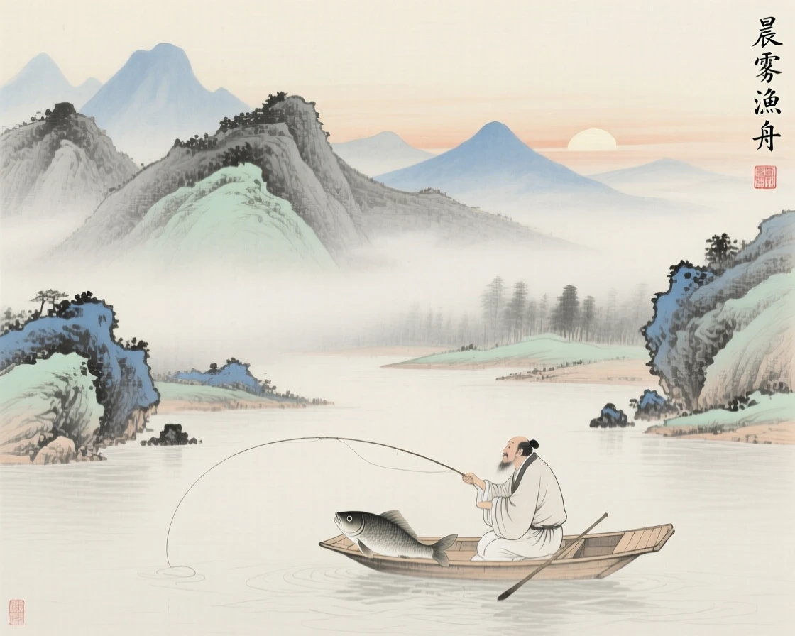 A misty mountain range at dawn, with a single fisherman casting a line from a small boat