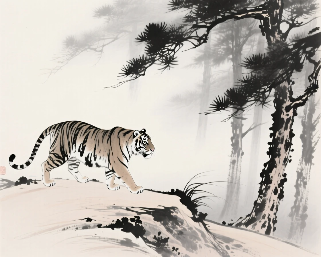 A tiger wandering along a windswept ridge in a misty pine forest, positioned off-center, leaving space for the quiet landscape around it, evoking the gentle rhythm of the natural world.