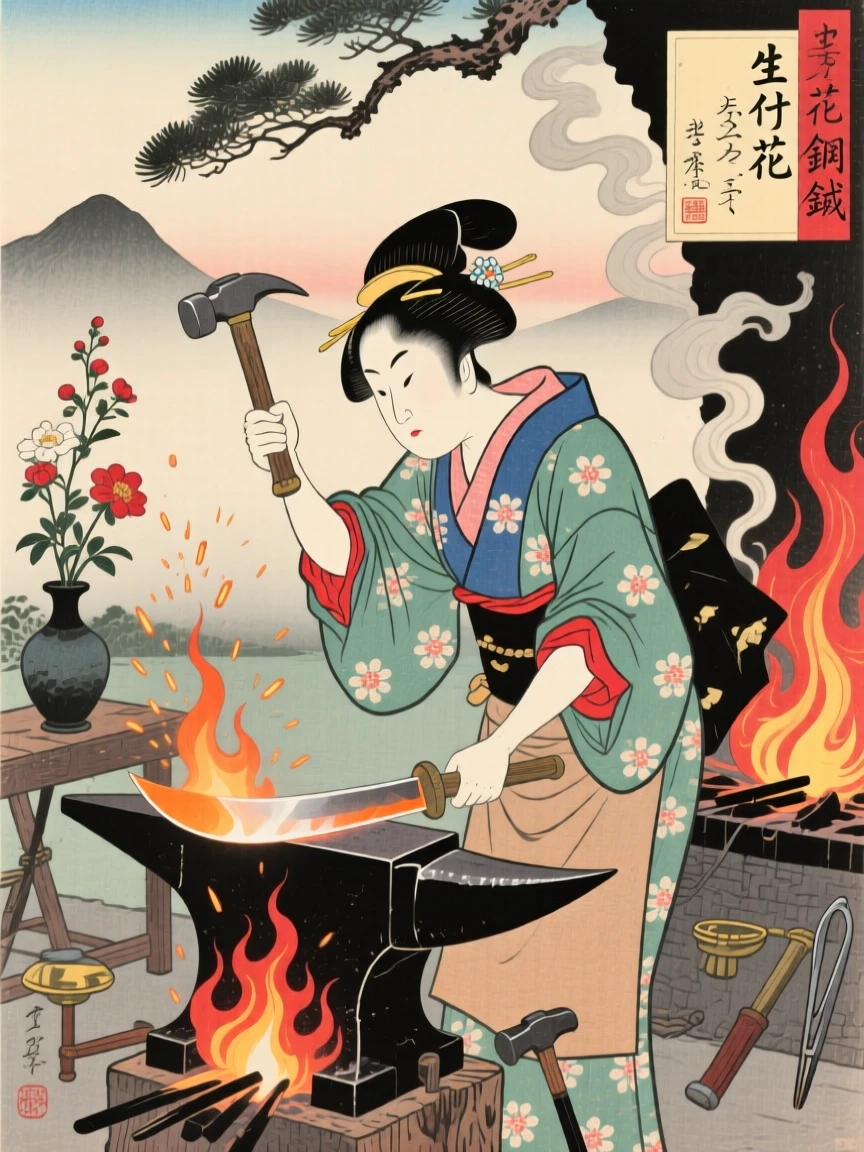 An ikebana flower arranger hammering a glowing blade at a roaring forge.