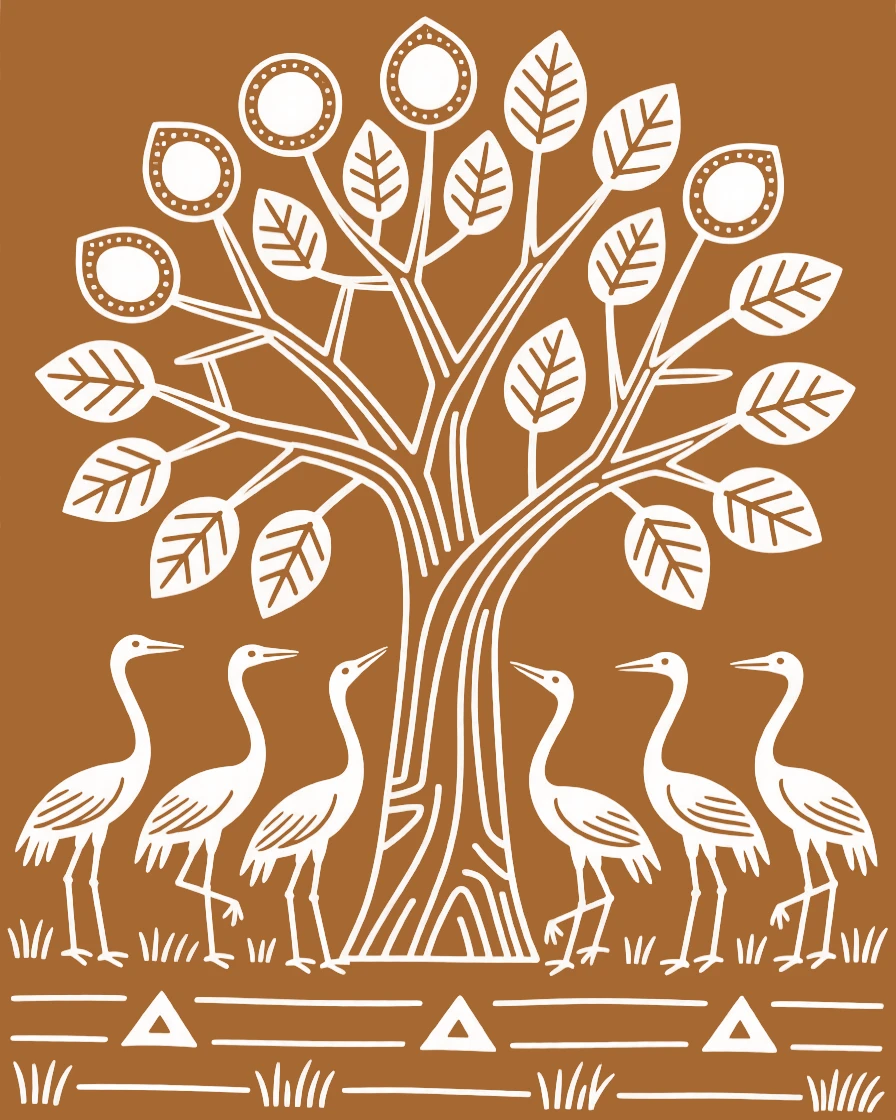A flock of migrating cranes resting beneath a giant banyan tree.