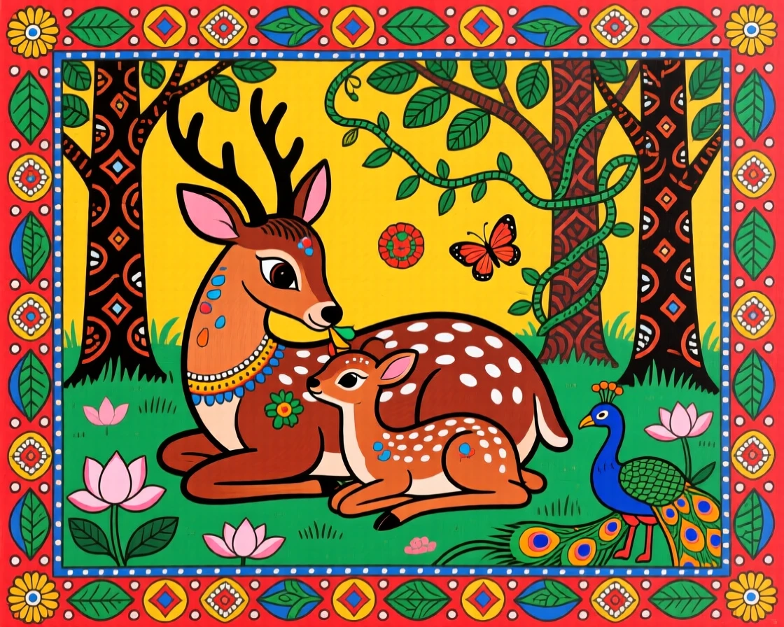 A mother deer grooming her fawn in a quiet forest clearing.