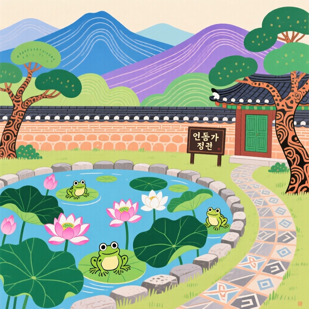 A walled garden with a lotus pond nestled among distant mountains.