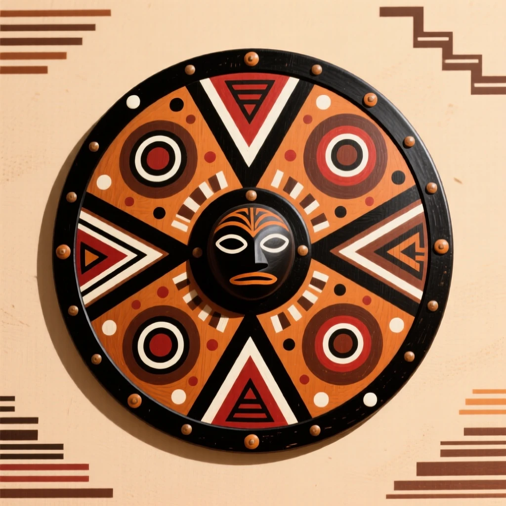 A painted ceremonial shield worn during a joyful wedding celebration.
