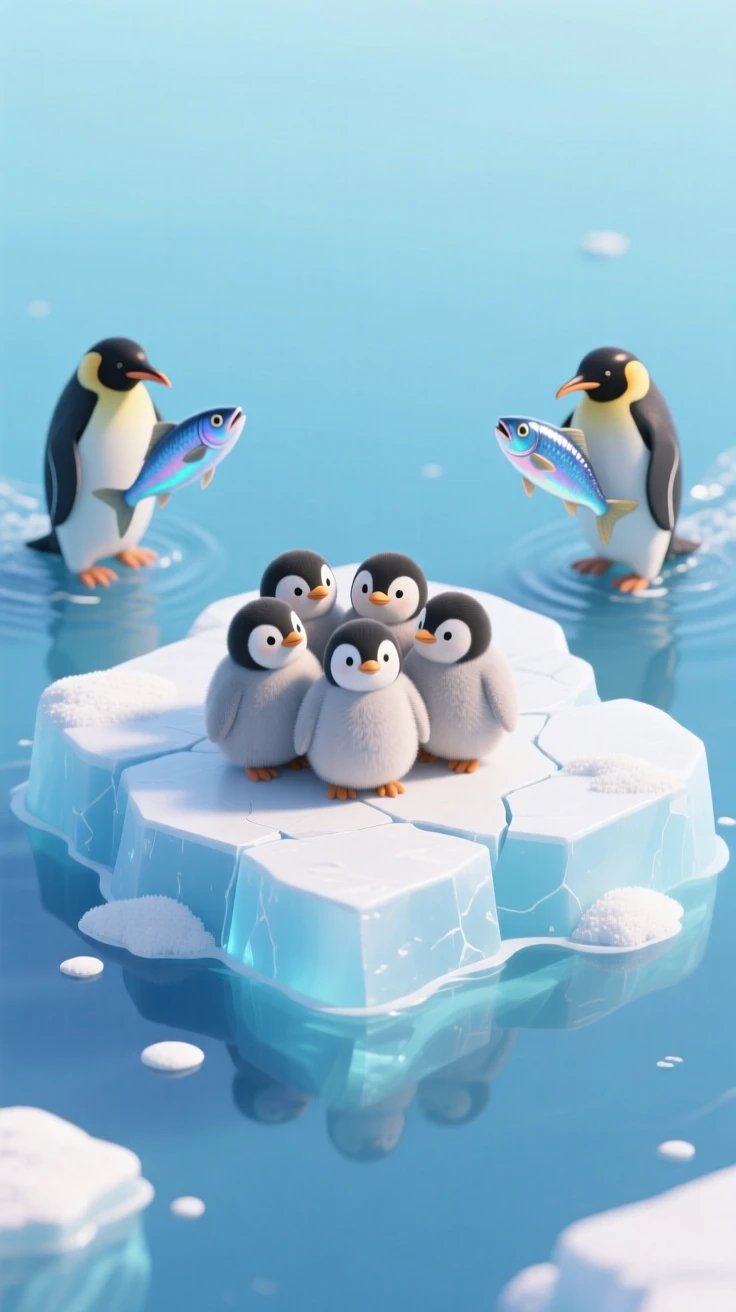 A group of penguin chicks huddled together on an ice floe, their parents returning from a fishing trip with fish in their beaks.