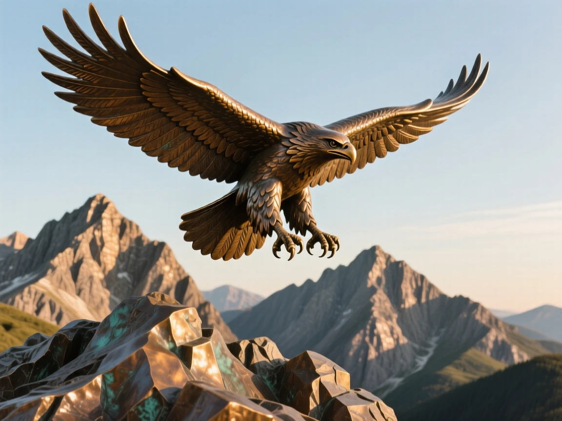 An eagle soaring high above a mountain range, bathed in warm, natural light, evoking wonder and majesty