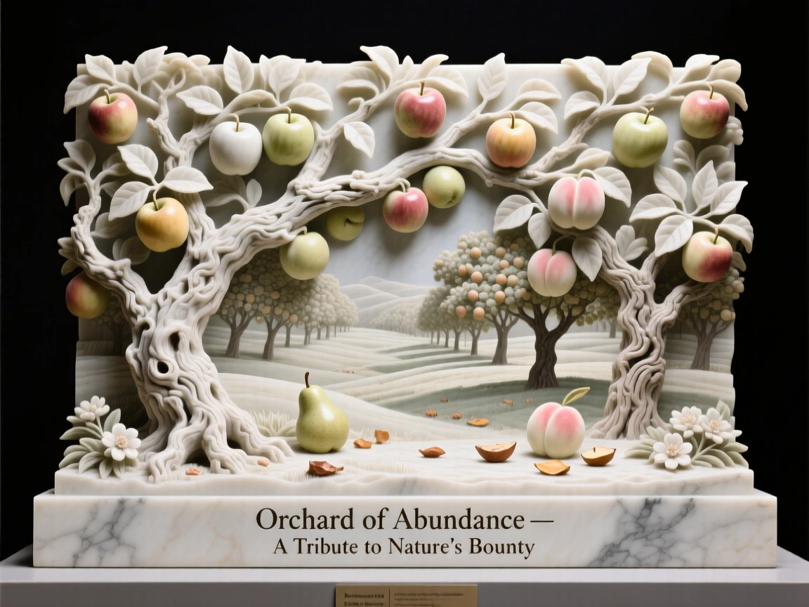 A breathtaking view of an orchard heavy with ripe fruit, rich with color and atmosphere, evoking peace and wonder