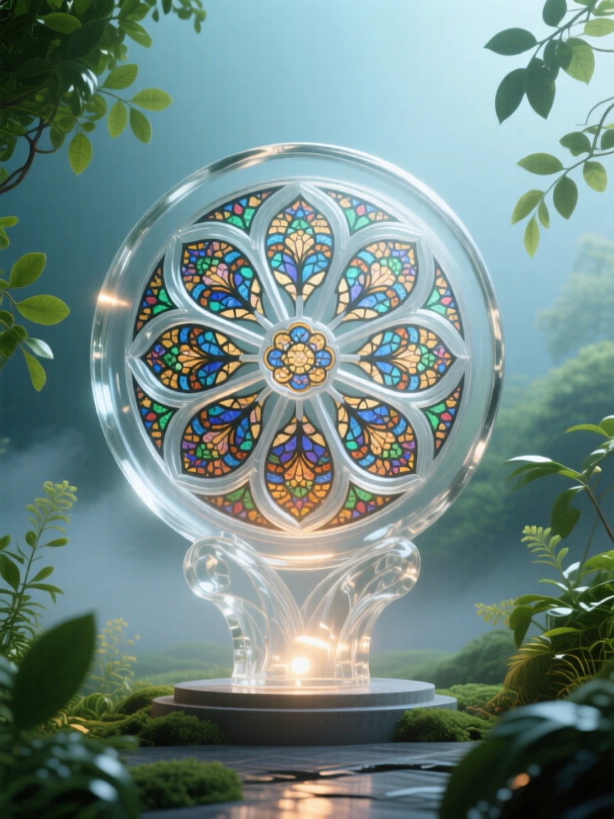 Notre-Dame's rose window illuminated from within surrounded by lush greenery and soft morning mist, wide establishing composition, feeling serene and majestic.