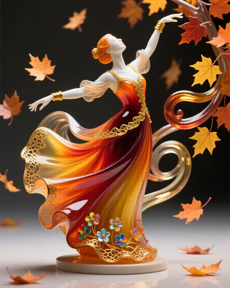 A dancer twirling in a flowing gown amid falling autumn leaves, graceful and dreamlike.