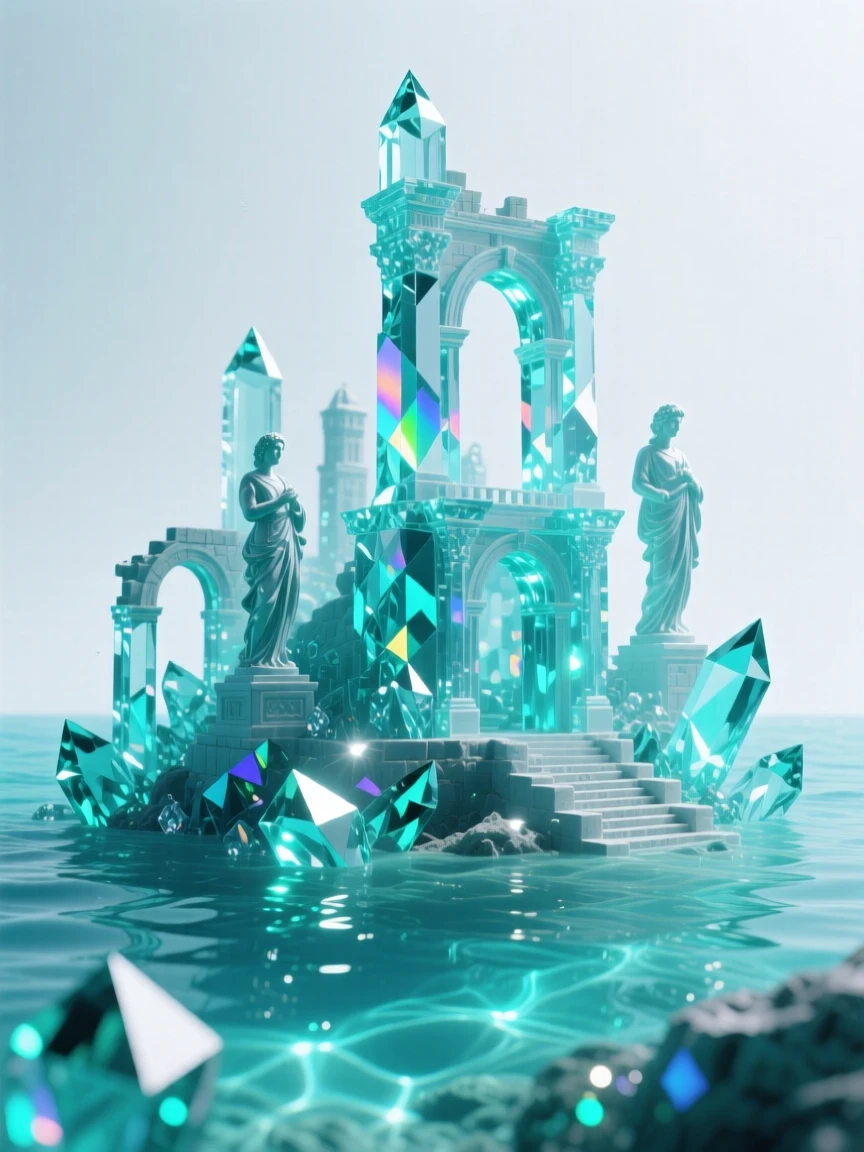 A sunken city ruin glowing faintly beneath clear turquoise ocean water.