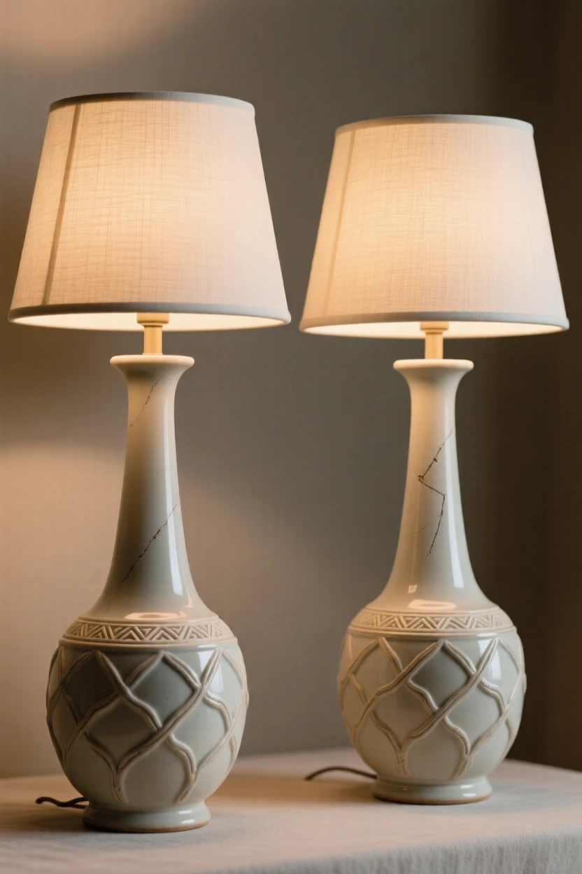 A pair of matching table lamps with soft glowing shades displayed as a refined centerpiece, with fine, delicate detailing throughout, radiating sophistication and timeless taste.
