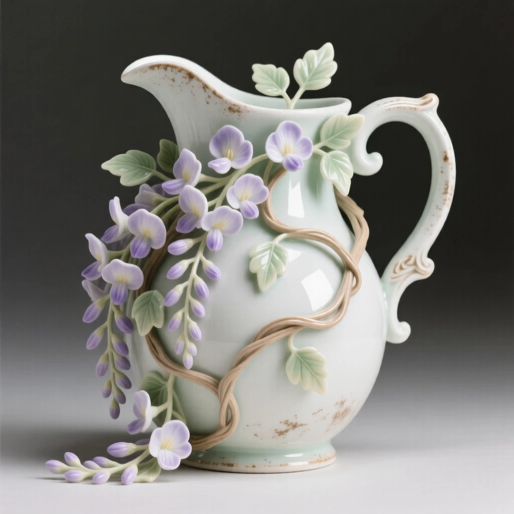 A lush arrangement of cascading wisteria in a rustic pitcher, arranged in a graceful cascading style.