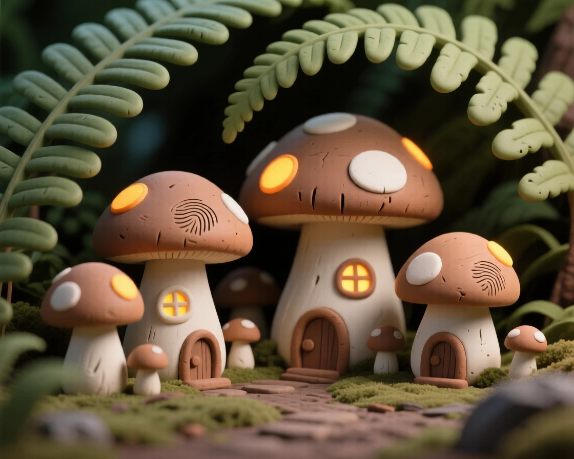 A tiny mushroom village glowing beneath a canopy of ferns