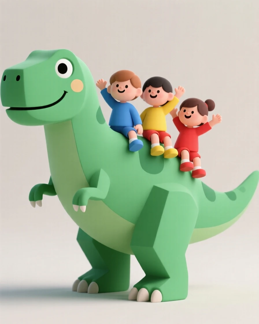 A friendly green Tyrannosaurus rex with tiny arms lets a group of children ride joyfully on its broad back.