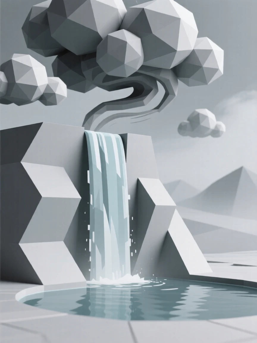 A towering waterfall cascading into a turquoise pool, under swirling storm clouds. fine atmospheric haze adds depth to the distance. There is a quiet, meditative stillness.