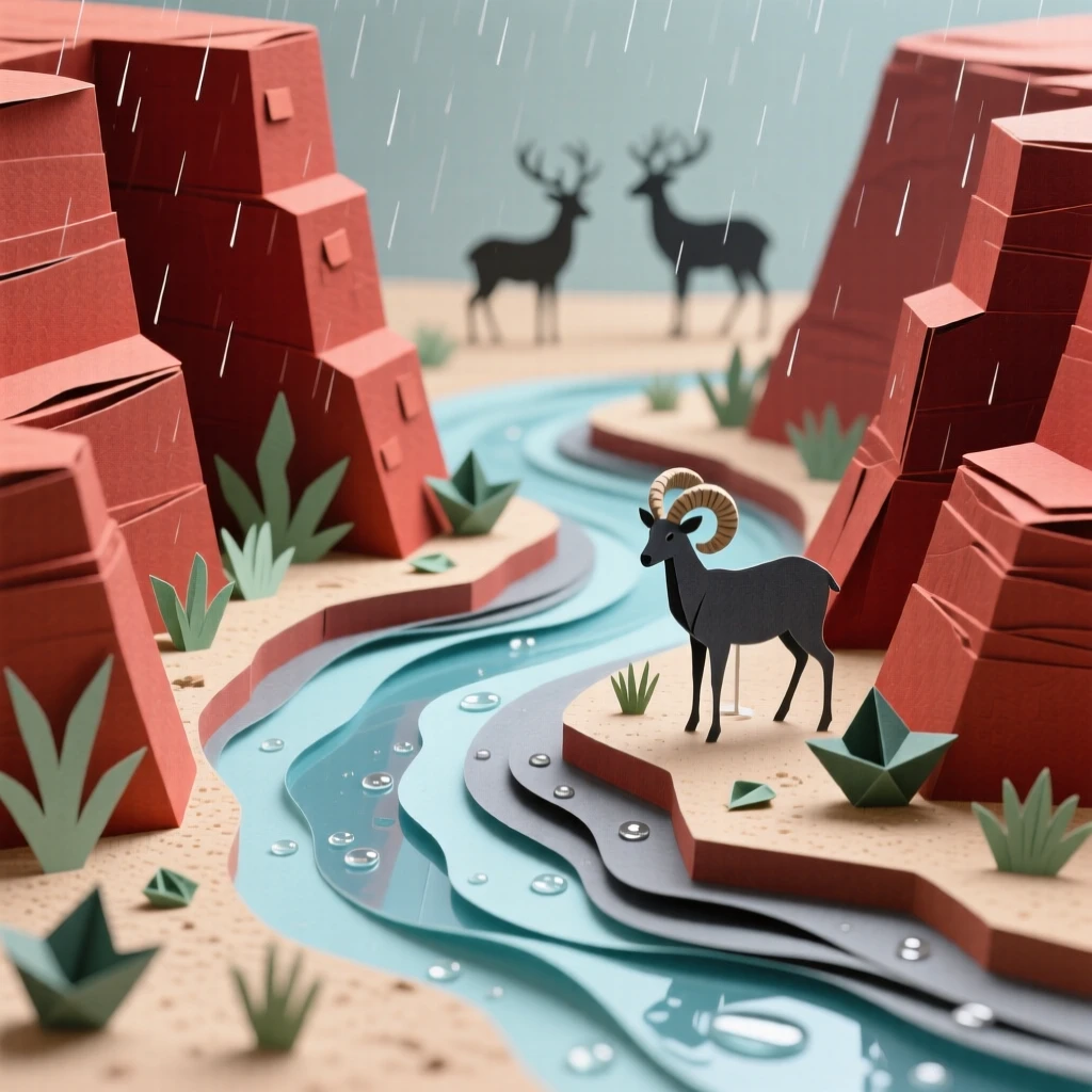 A river bend carving through a red rock canyon just after a passing rain shower, with a distant silhouette of grazing wildlife, conveying quiet wonder and stillness.