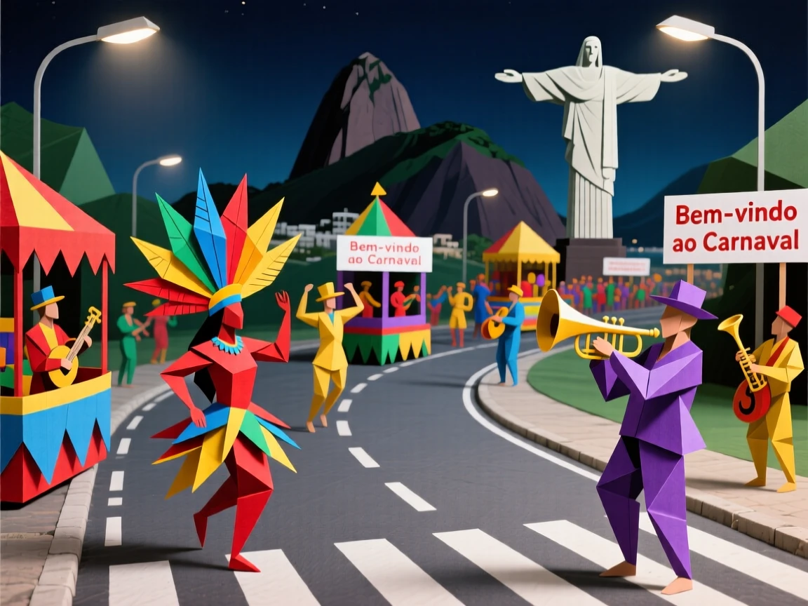 A colorful Carnival parade winding through the streets of Rio de Janeiro at night.