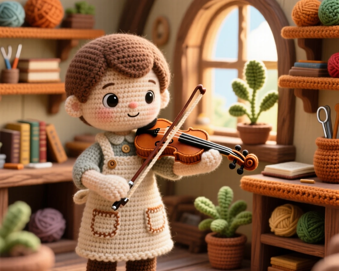 A charming scene of a young apprentice violin tuner with a tuning fork in hand, adjusting the strings of a small violin inside a sunlit workshop lined with wooden shelves; a potted herb garden on the sill adds to the moment, full of a nostalgic, storybook warmth.