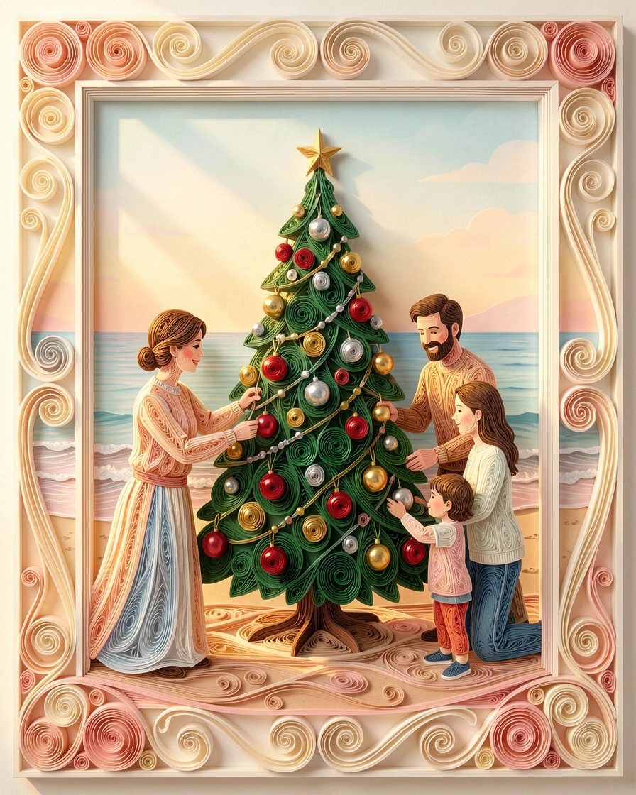 A heartwarming moment of a family decorating a Christmas tree together on a quiet beach at golden hour, in tender pastel morning light, framed with soft natural light streaming through a window.