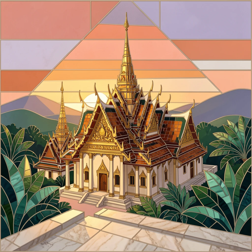 A traditional thai temple with golden spires at sunset, viewed from a dramatic elevated vantage point.