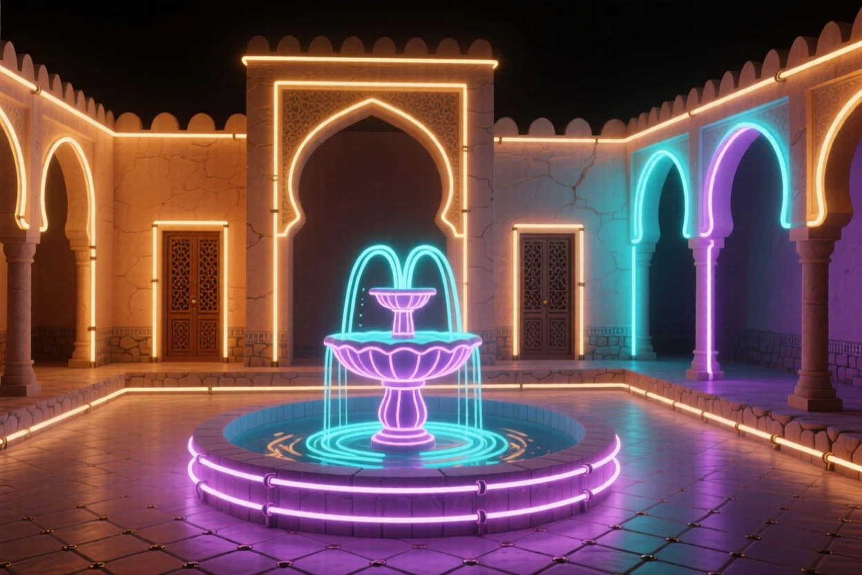 A desert caravanserai with a courtyard fountain at its center.