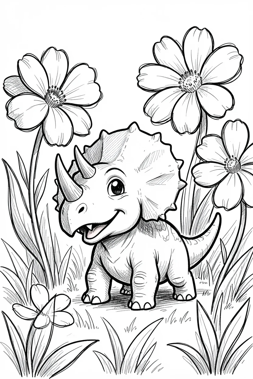 A playful baby triceratops in a meadow of giant flowers.