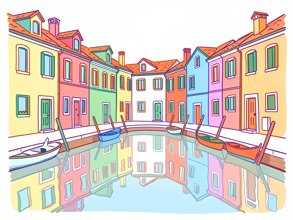 The colorful facades of Burano island reflected in a quiet canal.