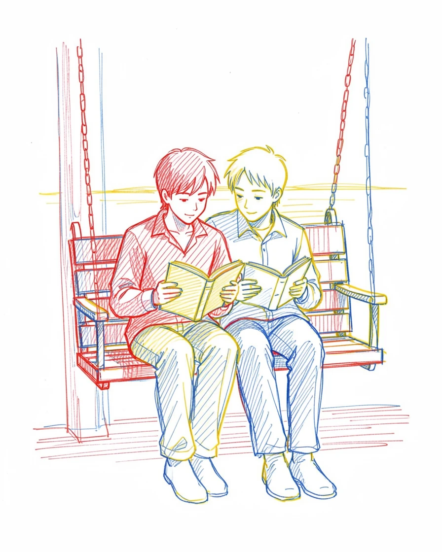 A young couple reading together on a porch swing at dusk