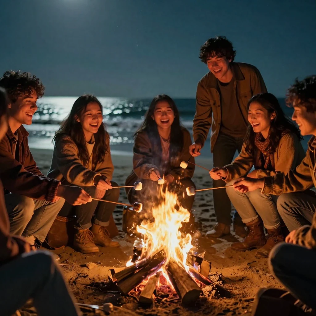 A group of friends laughing around a bonfire on a beach at night, roasting marshmallows